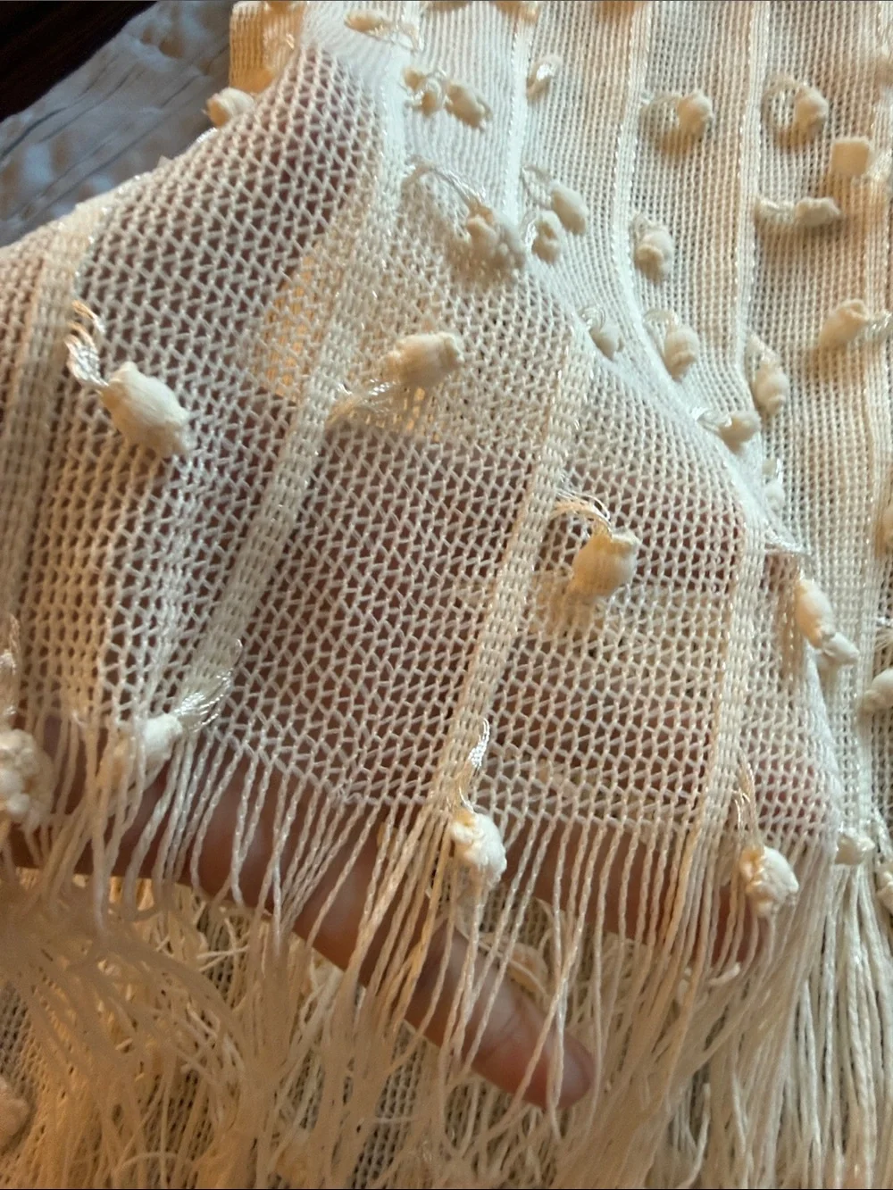 Cream Fringe Knit Scarf with Tassel Accents
